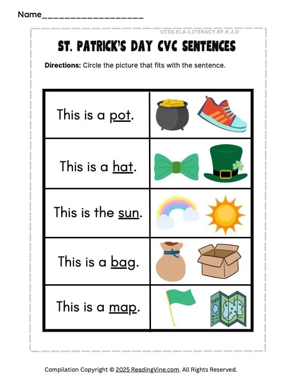 St. Patrick's Day CVC Sentence Printable Activity