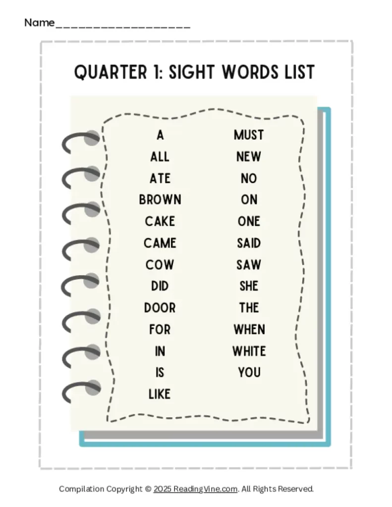 1st Quarter Kindergarten Sight Word List