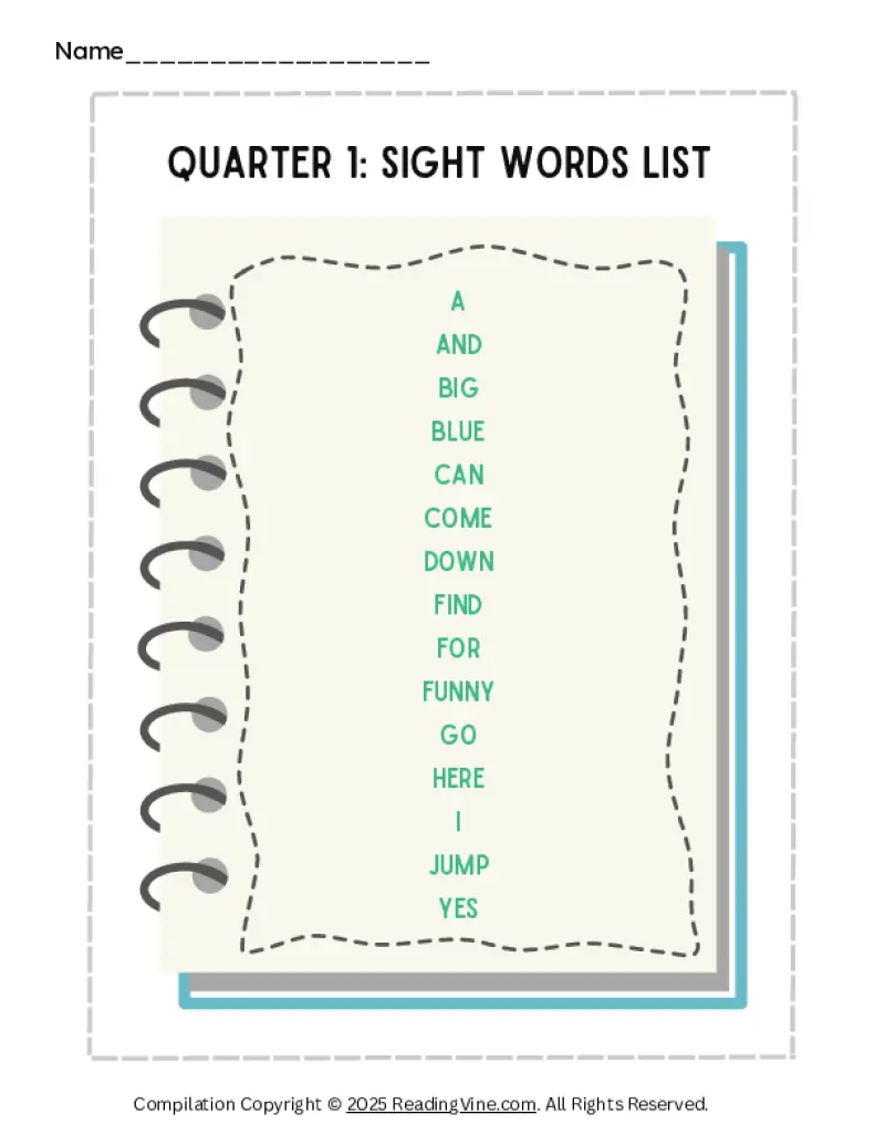 1st Quarter Pre-K Sight Words List
