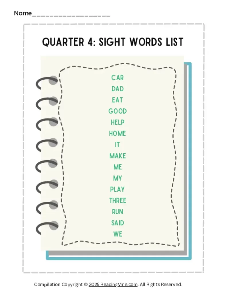 4th Quarter Pre-K Sight Words List