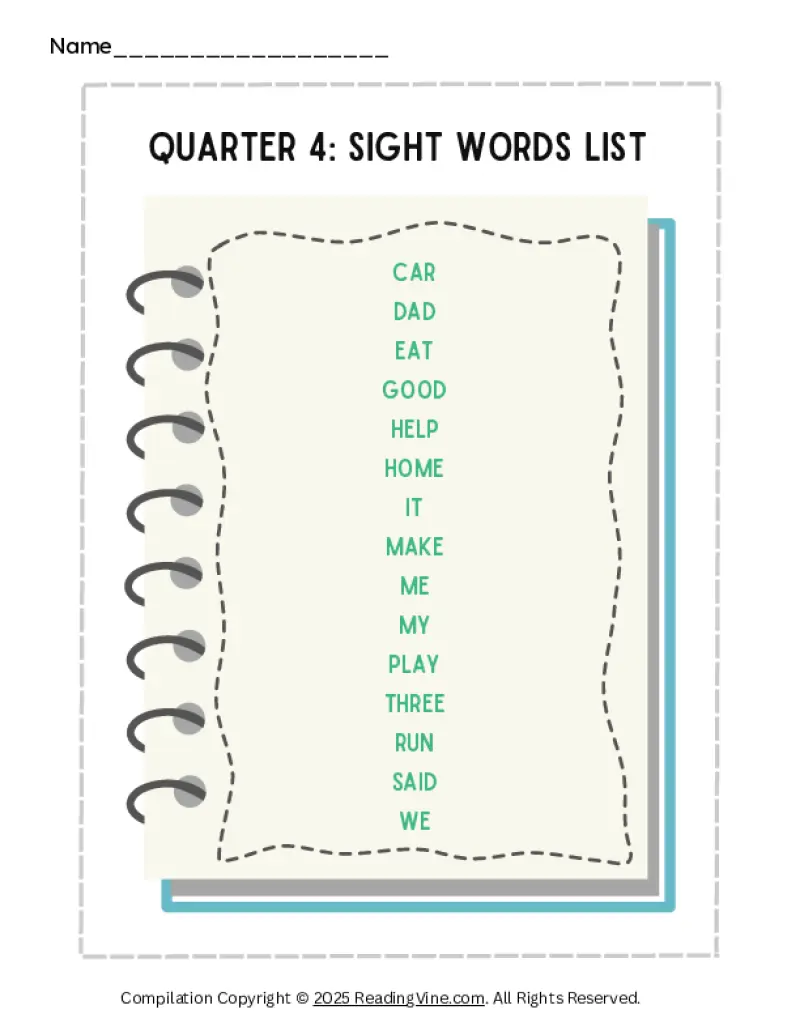 4th Quarter Pre-K Sight Words List