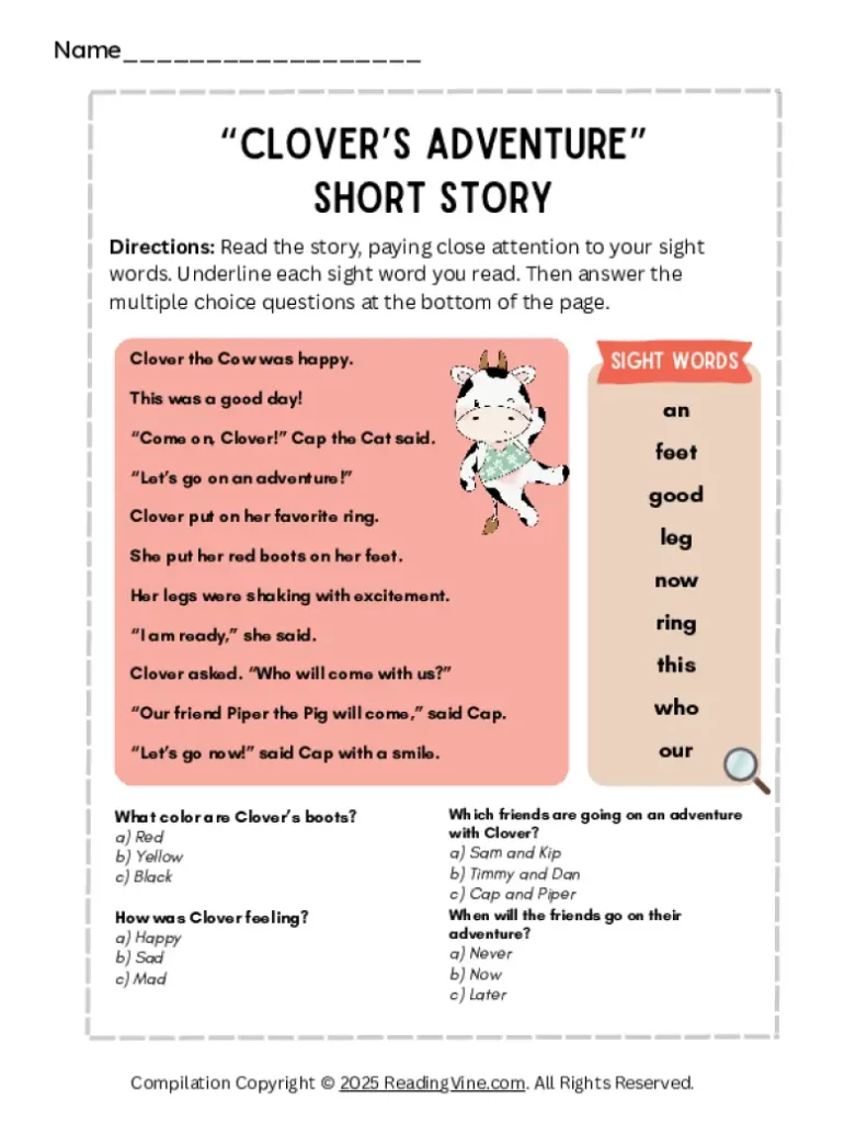 Clover Adventure Sight Words Short Story Activity
