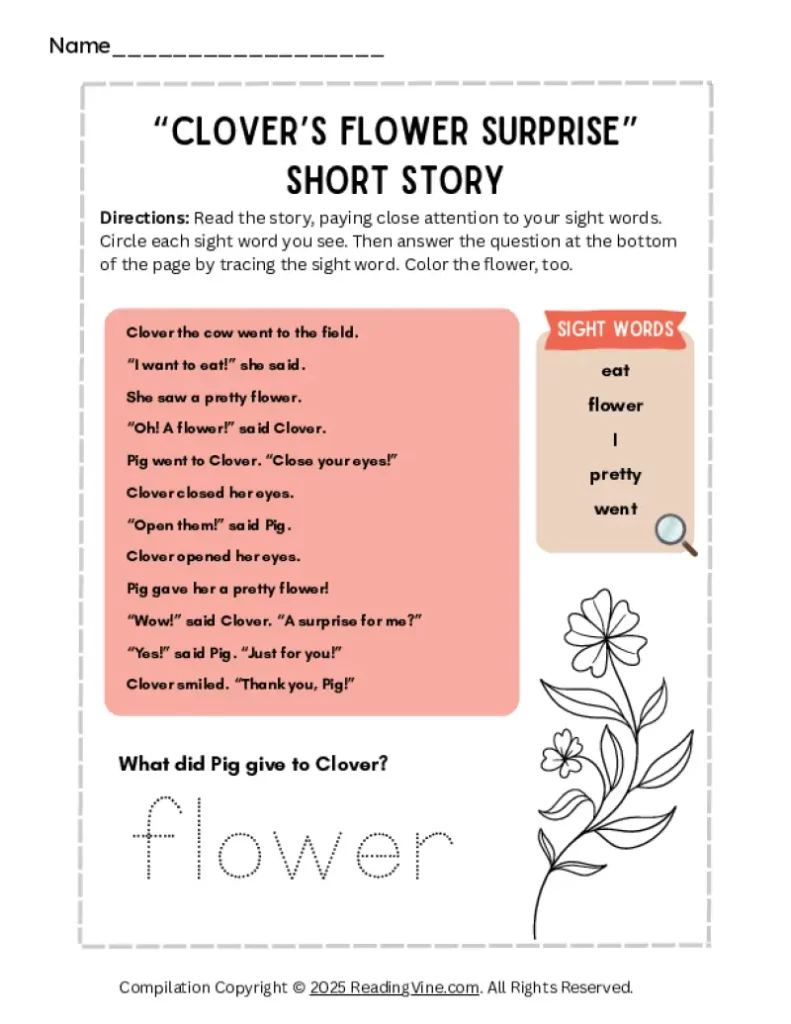 Clover Flower Surprise Short Story Worksheet
