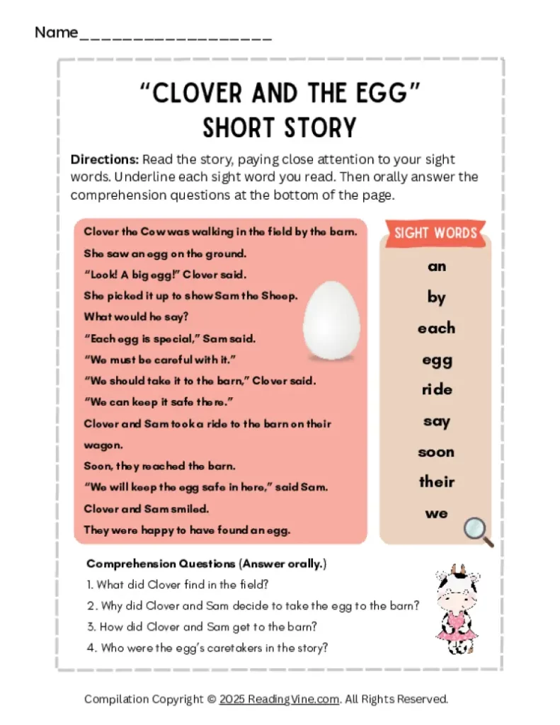 Clover and the Egg Short Story Activity