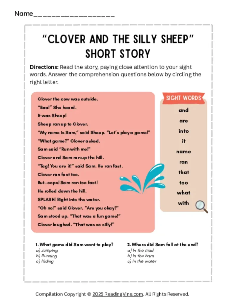 Clover and the Silly Sheep Short Story Activity