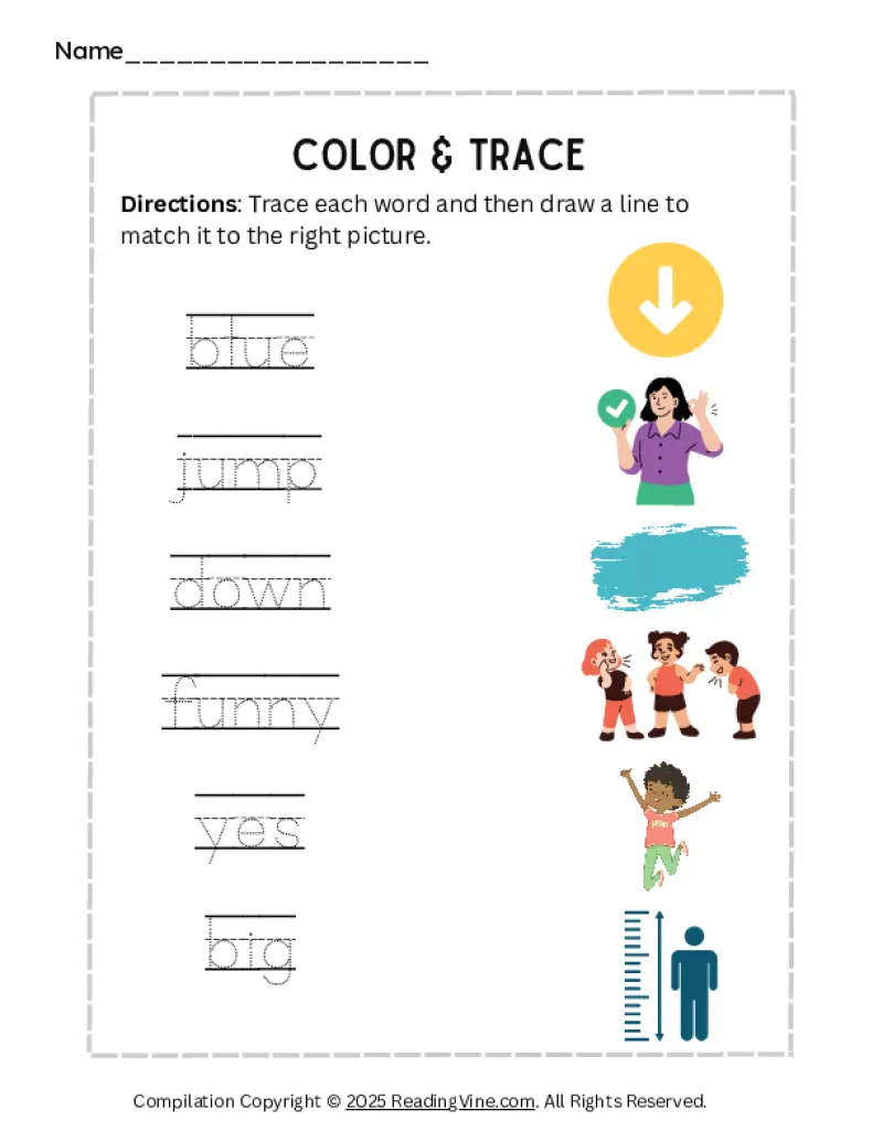 Color and Trace Pre-K Sight Words Worksheet