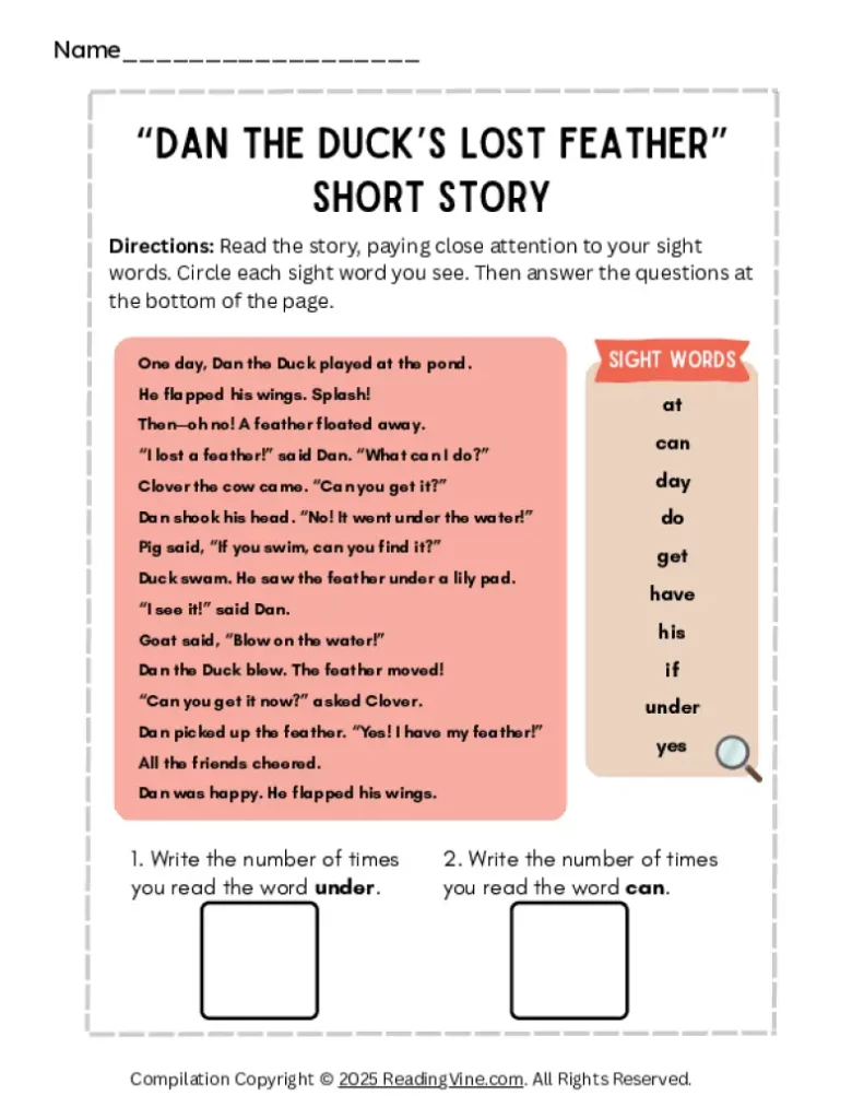 Dan the Duck Lost Feather Sight Words Reading Activity