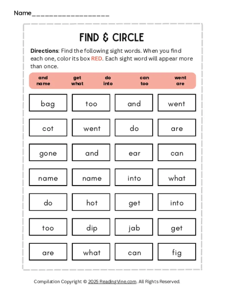 Find and Circle Kindergarten Sight Words Activity