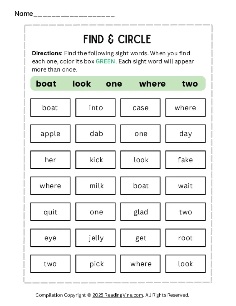Find and Circle the Sight Words Activity
