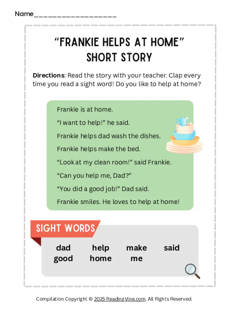 Frankie Helps at Home Short Story Worksheet