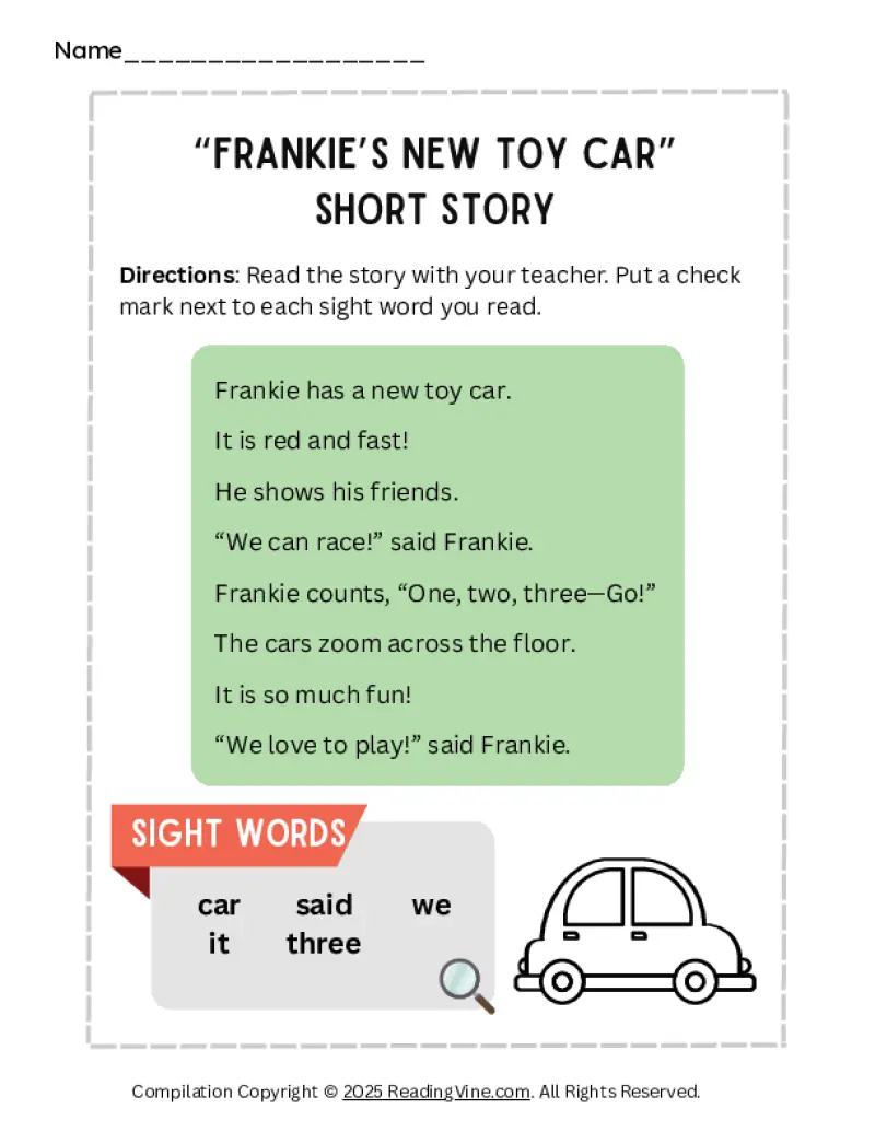 Frankie's New Toy Car Short Story Activity