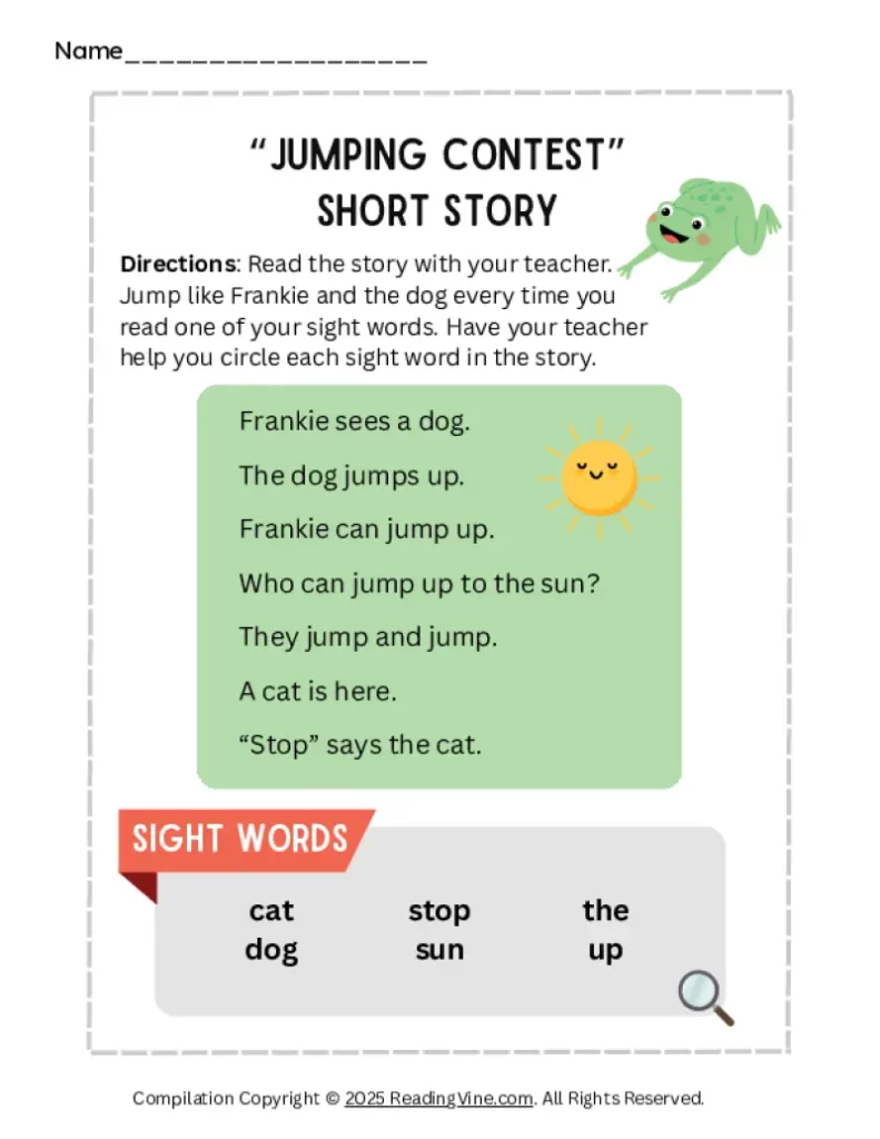 Jumping Contest Pre-K Sight Words Short Story