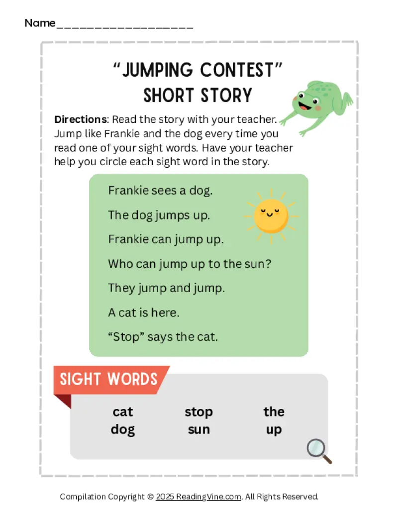 Jumping Contest Pre-K Sight Words Short Story