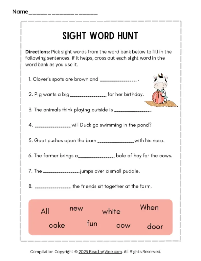Kindergarten Sight Word Hunt Worksheet