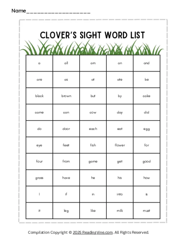 Kindergarten Sight Word List