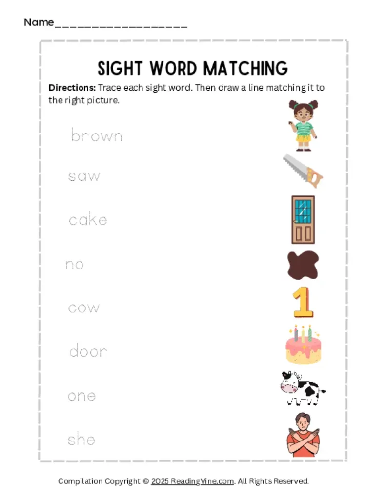 Kindergarten Sight Word Matching Worksheet