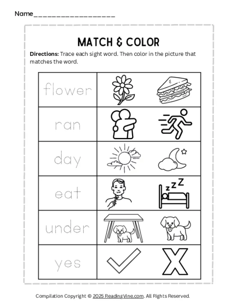 Kindergarten Sight Words Match and Color Activity