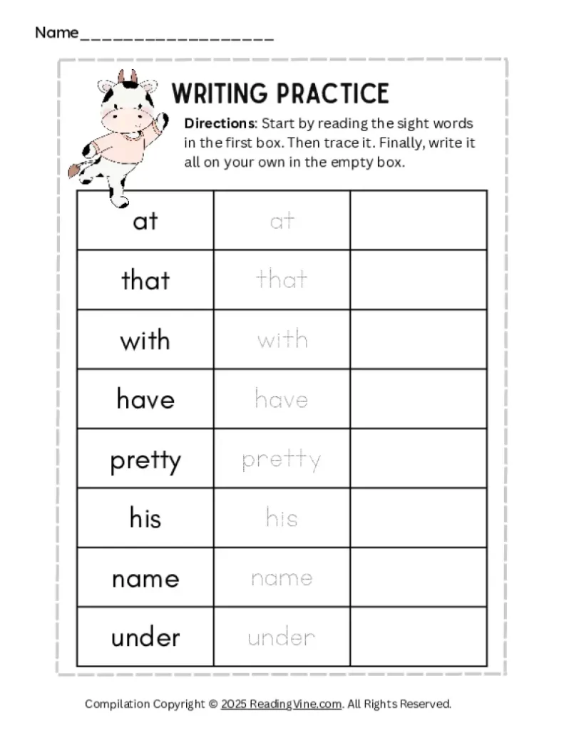 Kindergarten Sight Words Writing Practice