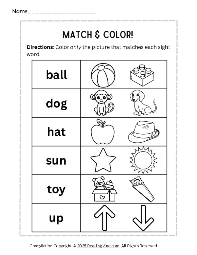 Match and Color Pre-K Sight Words Worksheet