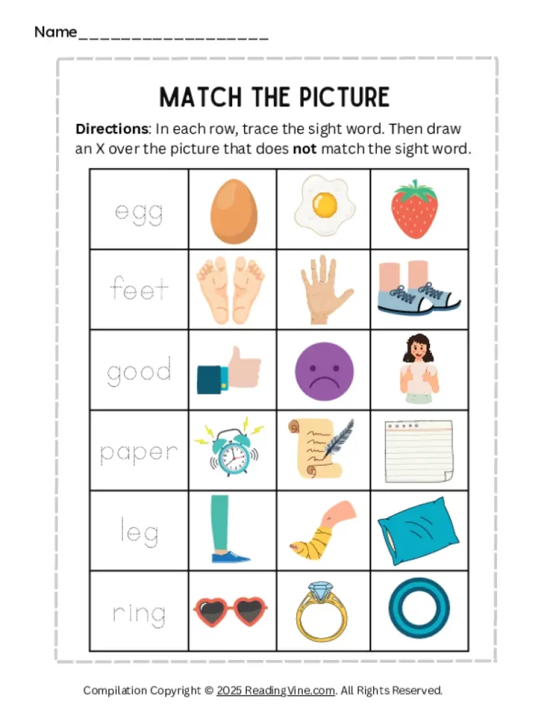 Match the Picture Sight Words Activity