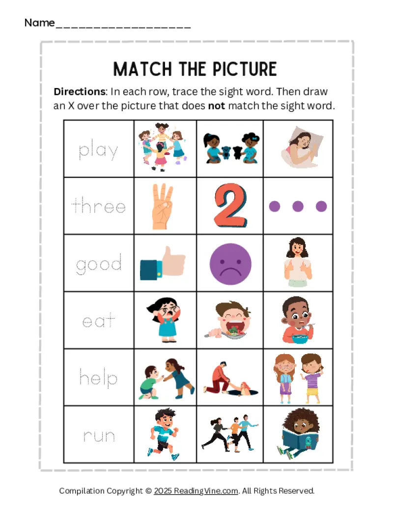 Match the Picture Sight Words Worksheet