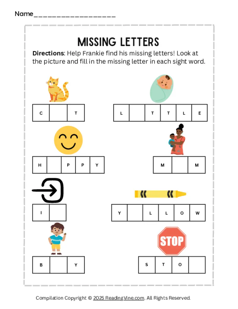 Missing Letters Sight Words Worksheet