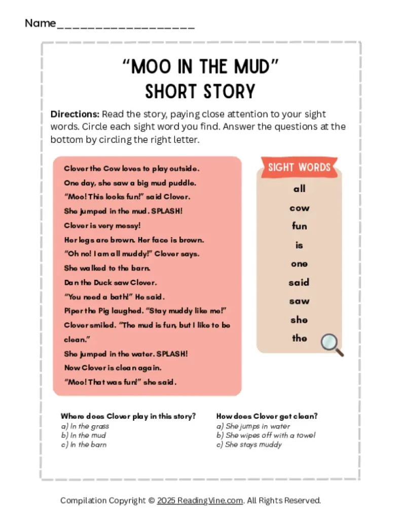 Moo in the Mud Short Story Activity