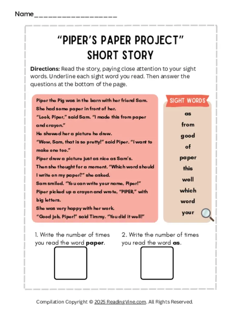 Piper Paper Project Short Story Activity