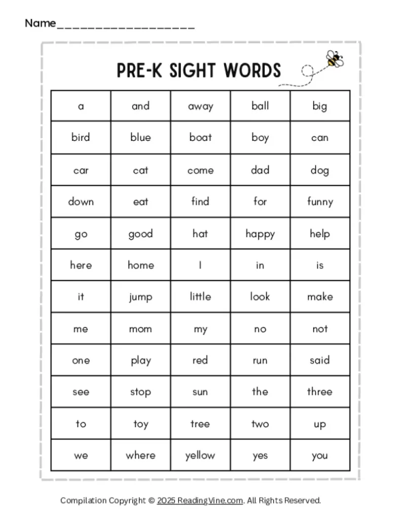 Pre-K Sight Words List