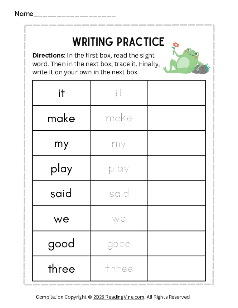 Pre-K Sight Words Writing Practice