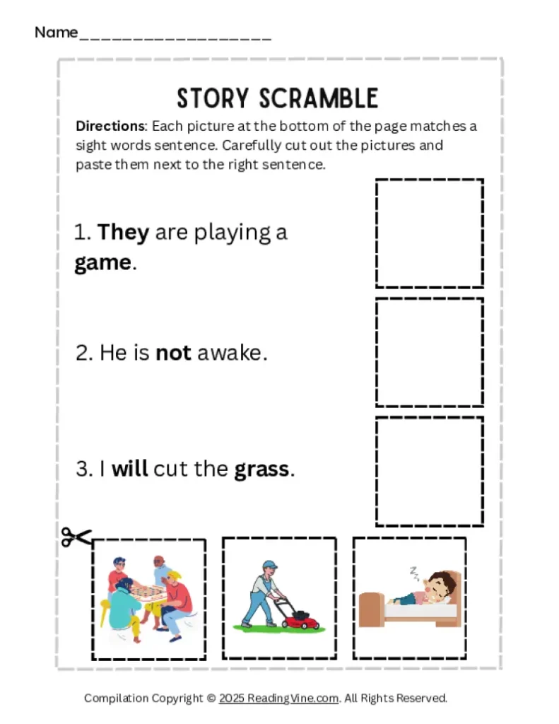 Story Scramble Kindergarten Sight Words Worksheet
