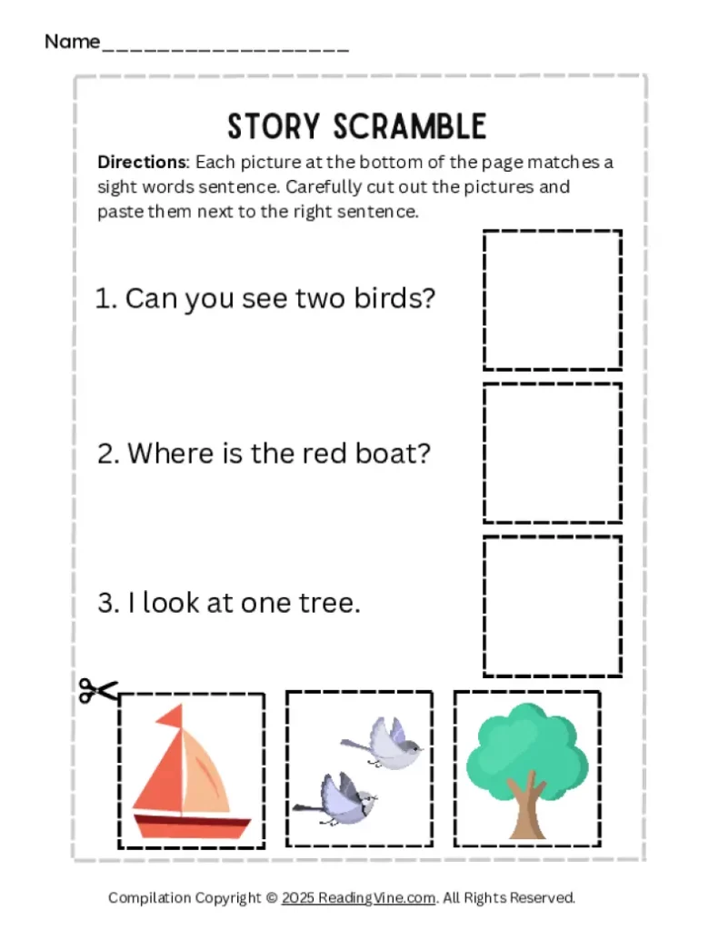 Story Scramble Preschool Sight Words Worksheet