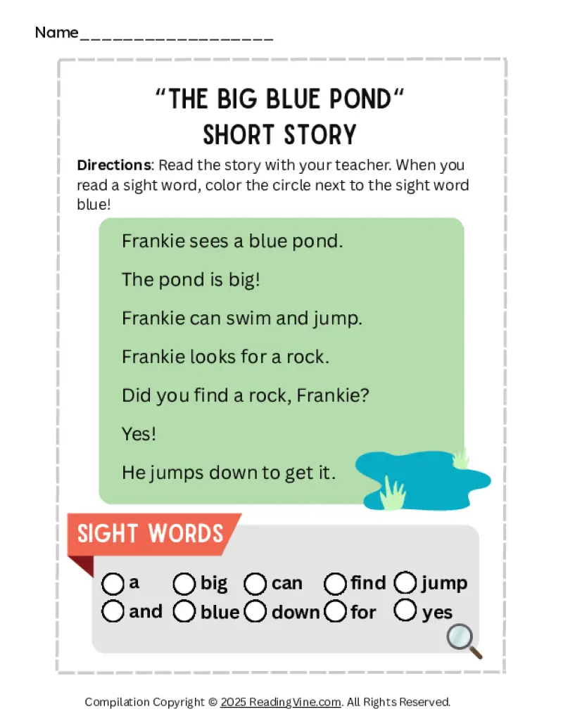 The Big Blue Pond Sight Words Story