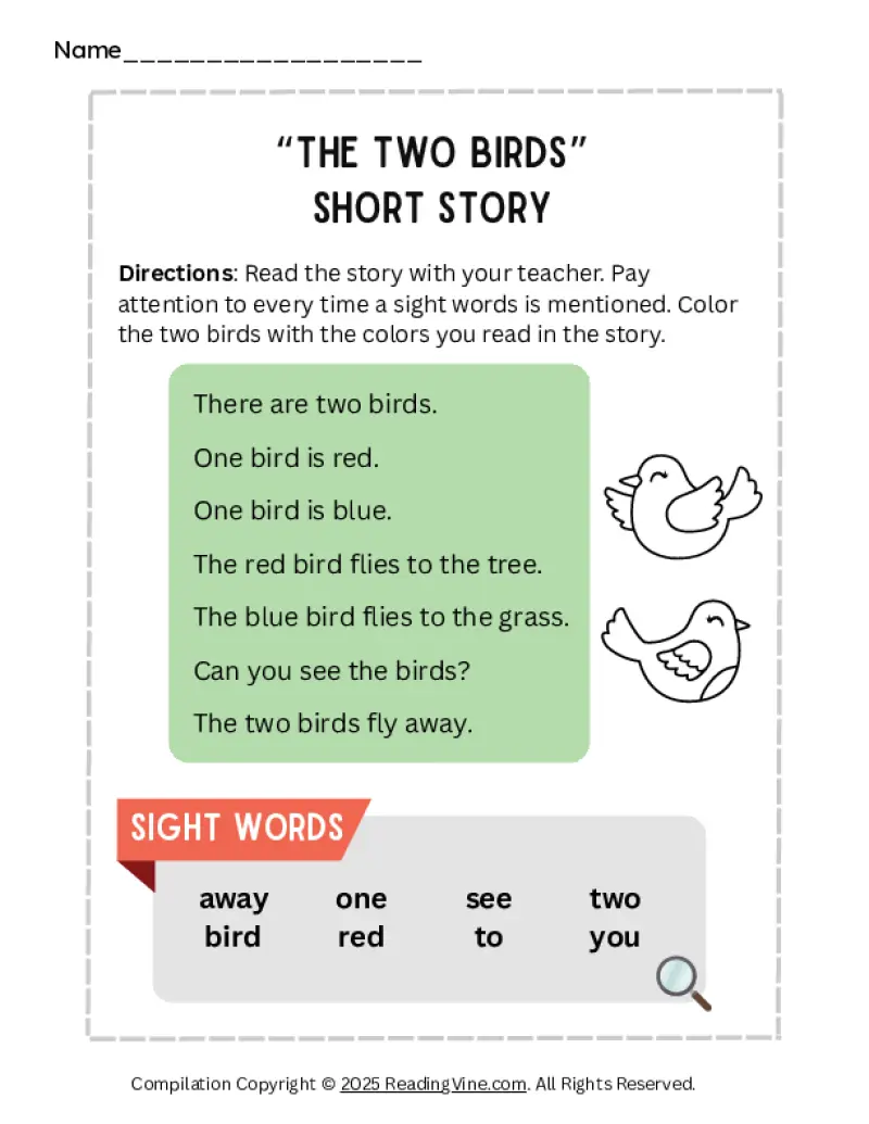 The Two Birds Short Story Worksheet