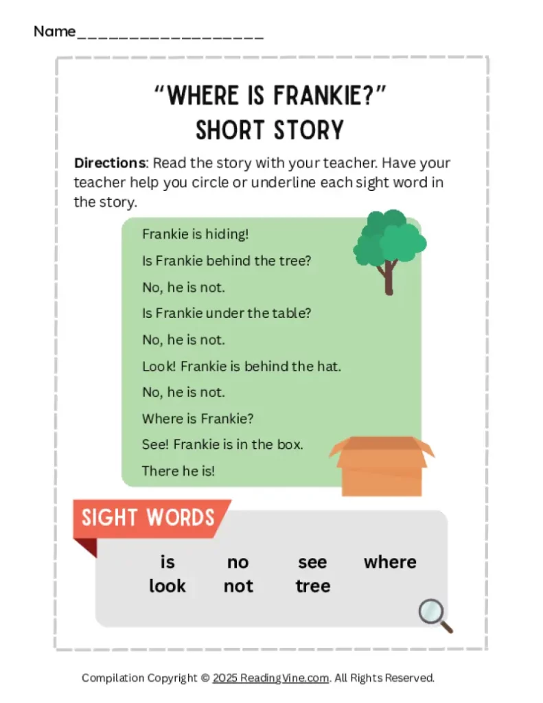 Where is Frankie? Short Story Activity