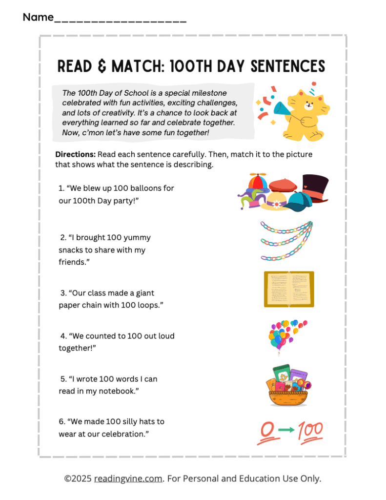 100th Day Read and Match