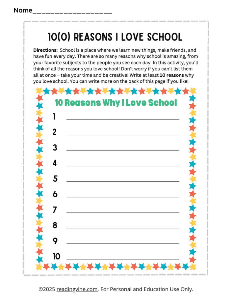 100th Day of School 10 Reasons Writing Activity