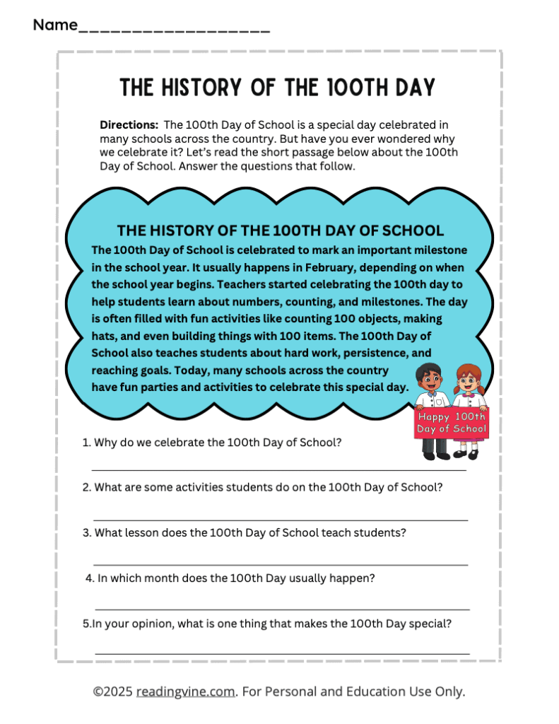 100th Day of School History Activity