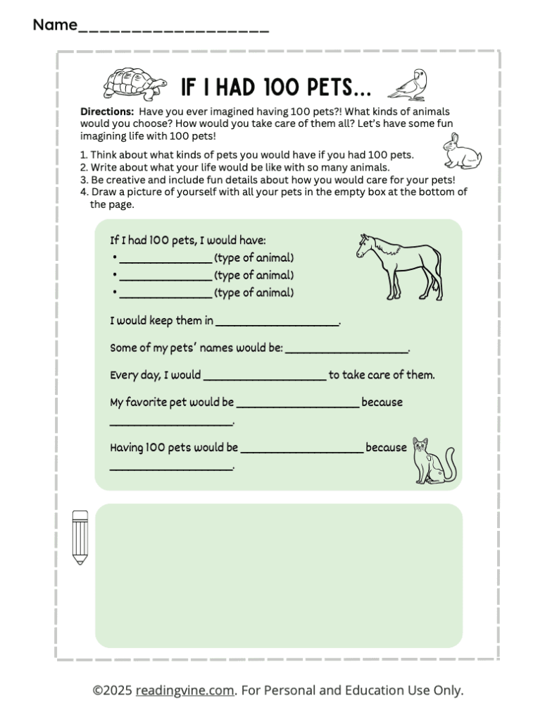 100th Day of School If I had 100 pets Activity
