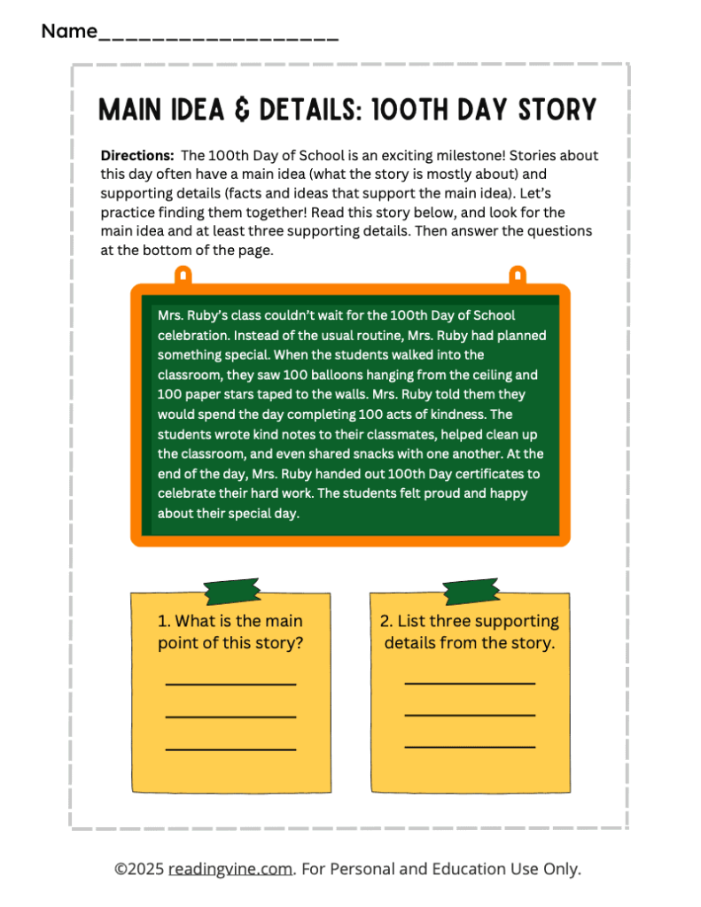 100th Day of School Main Idea and Supporting Details
