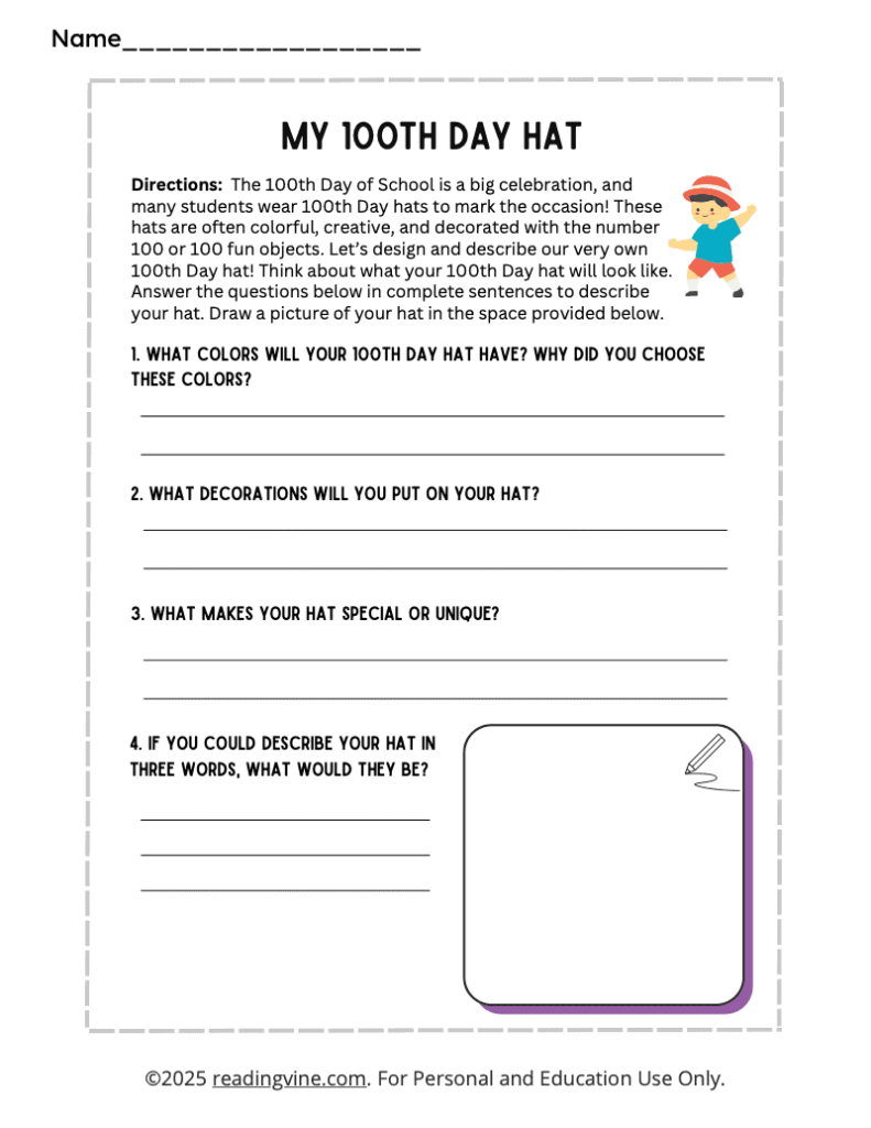 100th Day of School My 100th Day Hat Writing Activity