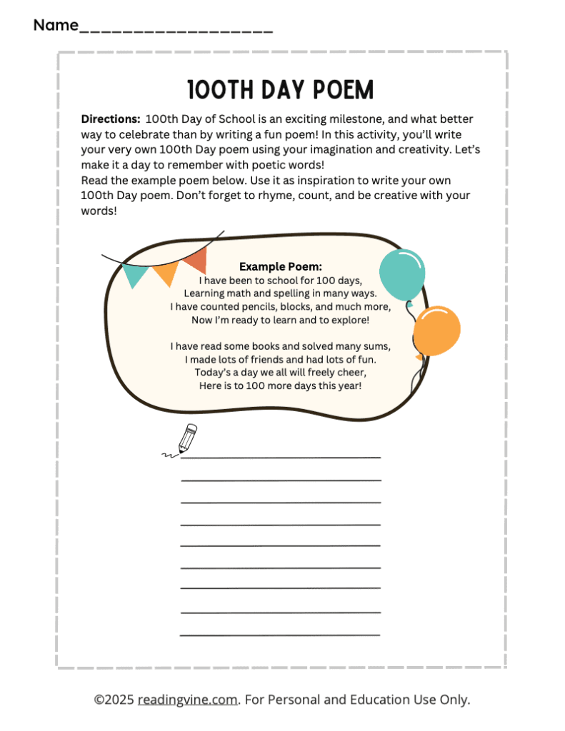 100th Day of School Poem Writing Activity