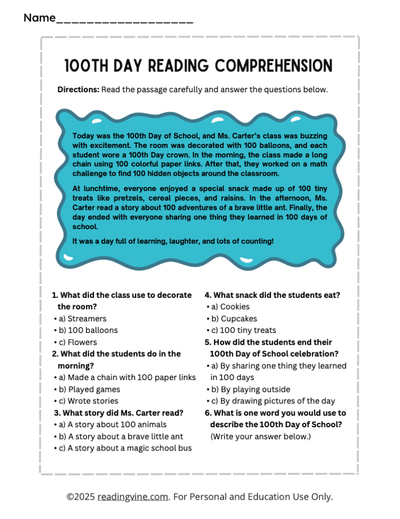 100th Day of School Reading Comprehension