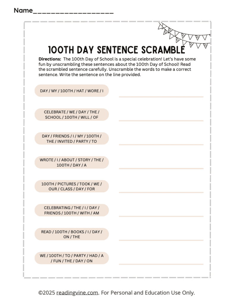 100th Day of School Sentence Scramble