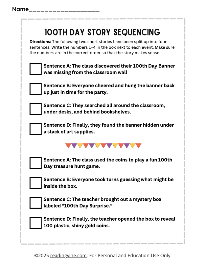 100th Day of School Story Sequencing
