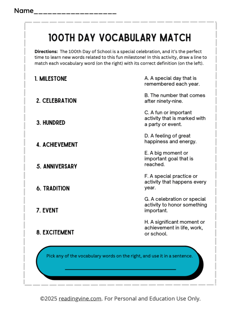 100th Day of School Vocabulary Match
