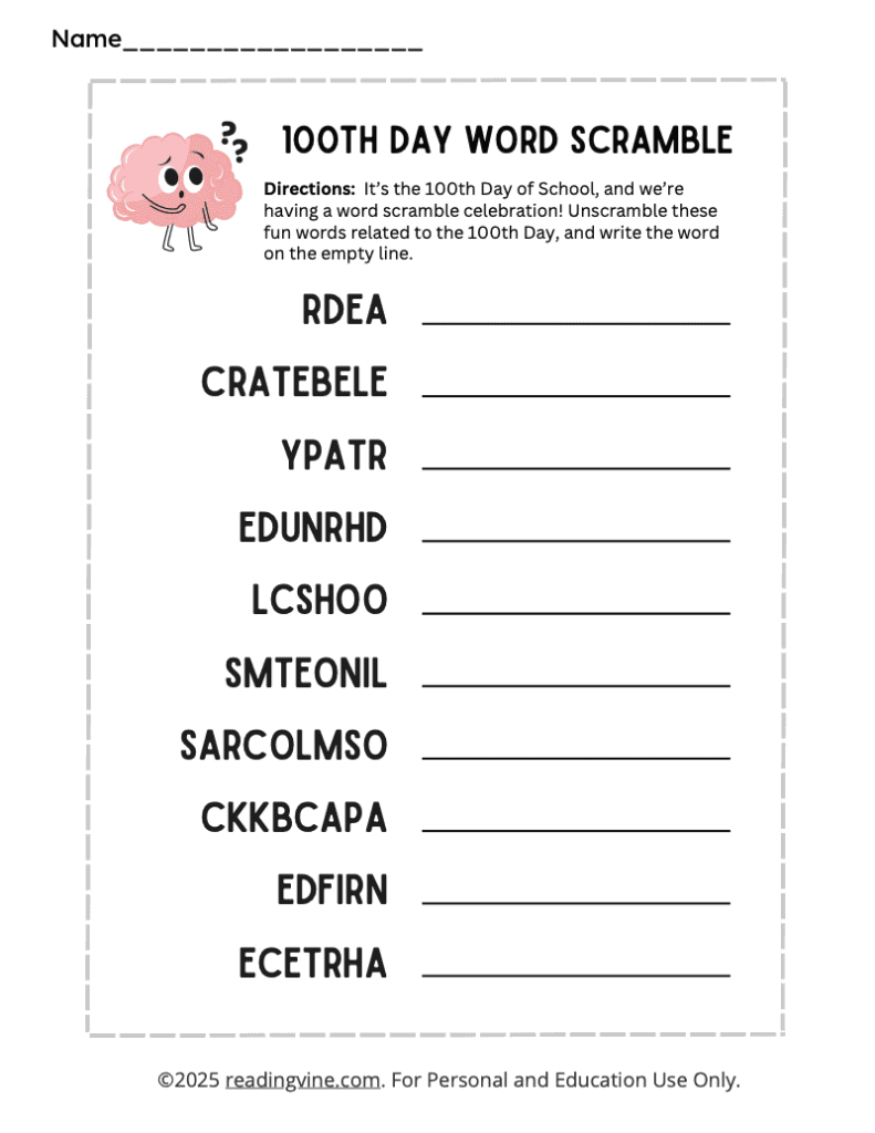100th Day of School Word Scramble