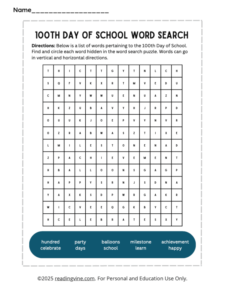 100th Day of School Word Search