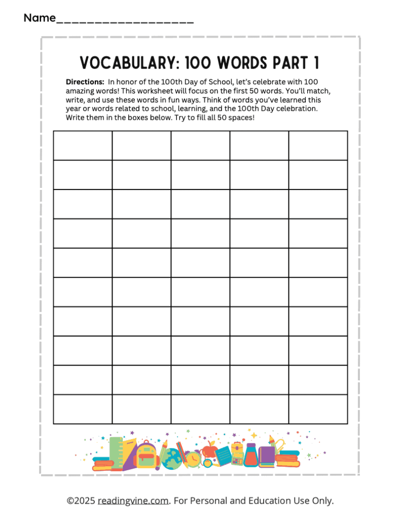 100th Day of School – Write 100 Words Part 1