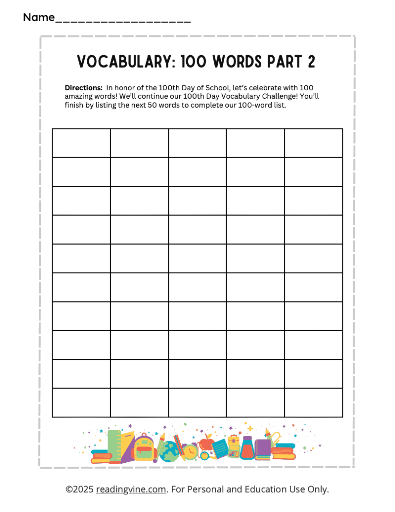 100th Day of School – Write 100 Words Part 2